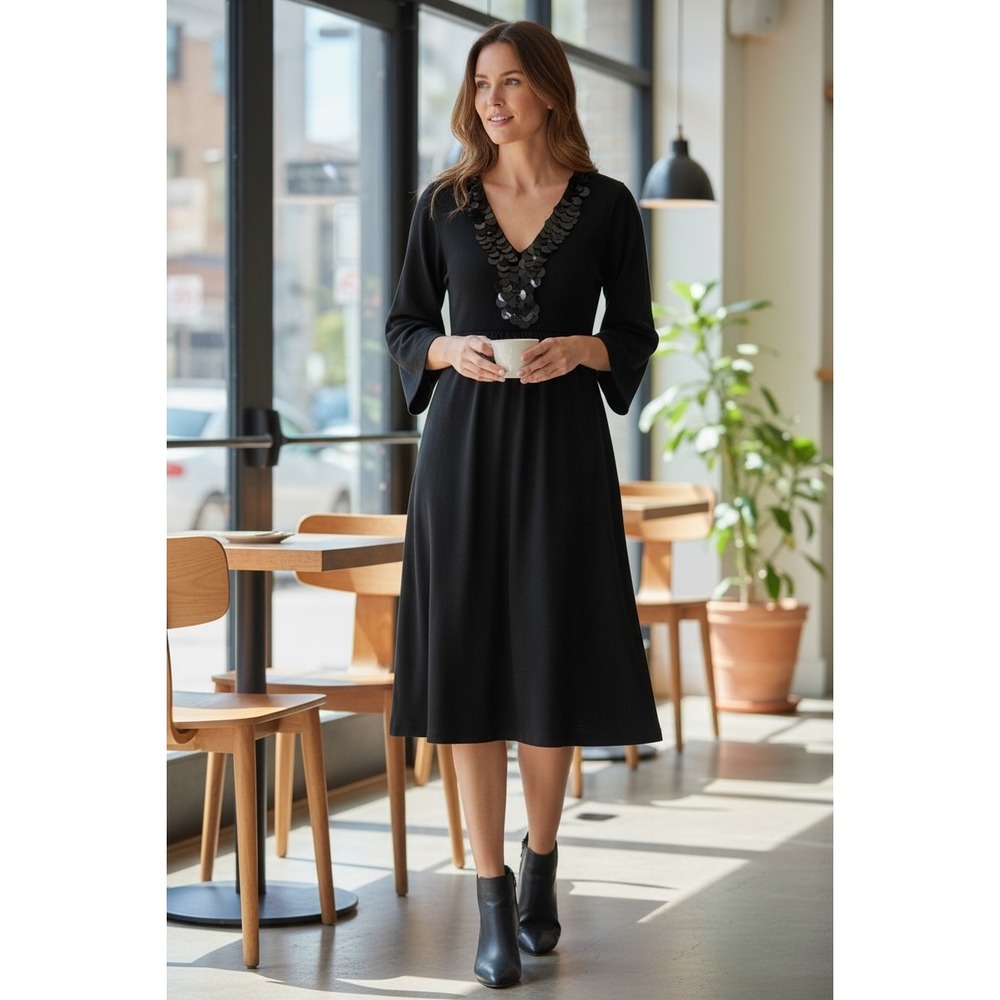 Boden Black V Neck Sequin Embellished Dress 3/4 Sleeve Flared Sleeve Size 2R